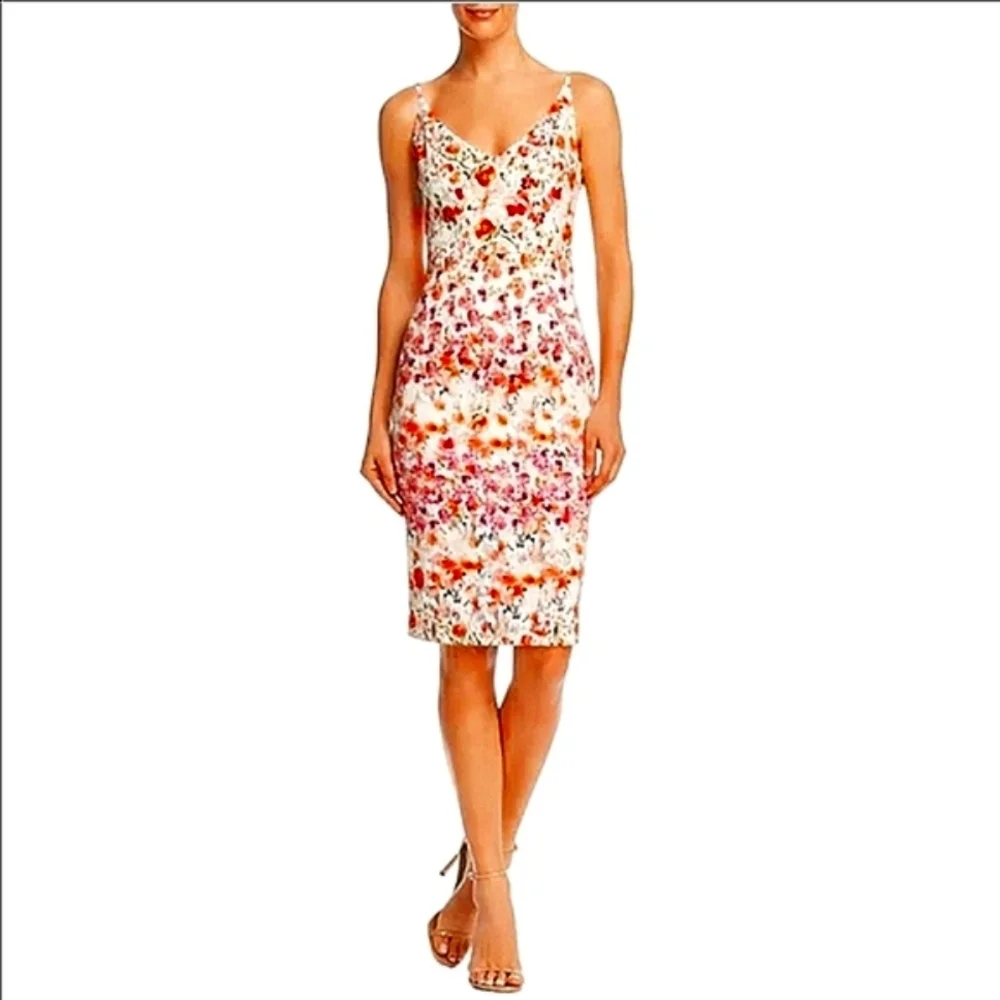 Black Halo Jevette Pink & Orange Floral Spaghetti Strap Fitted Pencil Dress 2 - Picture 2 of 11